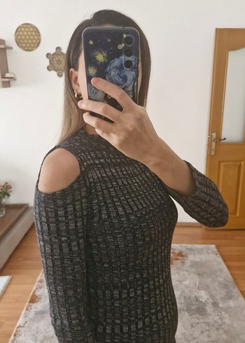 Gri Çizgili Yüksek Yaka Triko Elbise - Görsel 6