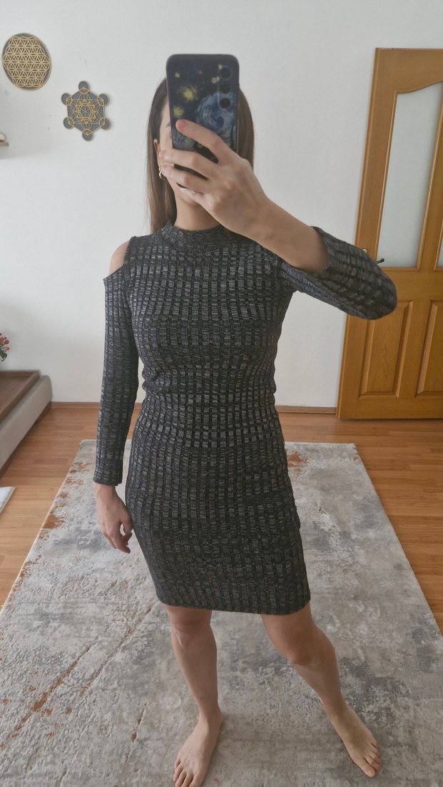 Gri Çizgili Yüksek Yaka Triko Elbise - Görsel 2