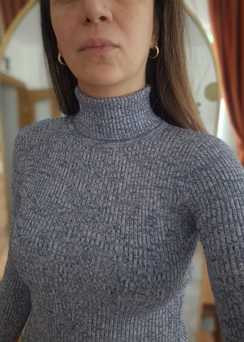 Gri-Mavi Boğazlı Kadın Triko Elbise - Görsel 5