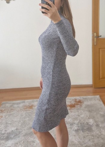 Gri-Mavi Boğazlı Kadın Triko Elbise - Görsel 4