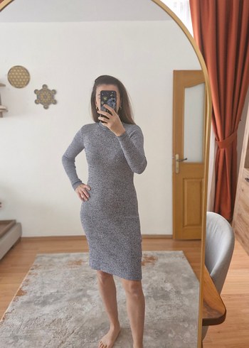 Gri-Mavi Boğazlı Kadın Triko Elbise - Görsel 3