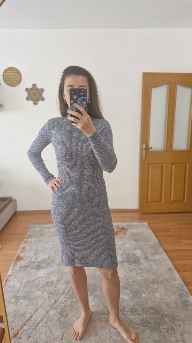 Gri-Mavi Boğazlı Kadın Triko Elbise - Görsel 2