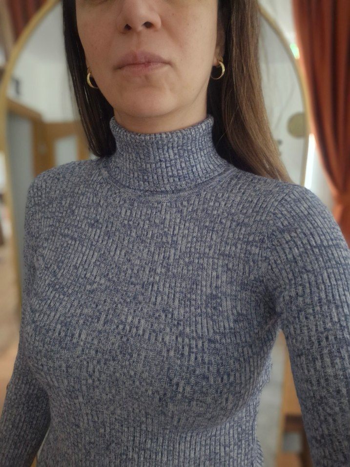 Gri-Mavi Boğazlı Kadın Triko Elbise - Görsel 5