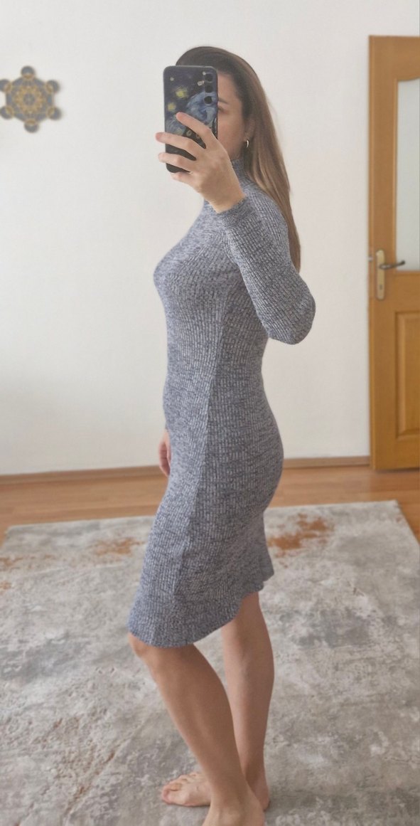 Gri-Mavi Boğazlı Kadın Triko Elbise - Görsel 4