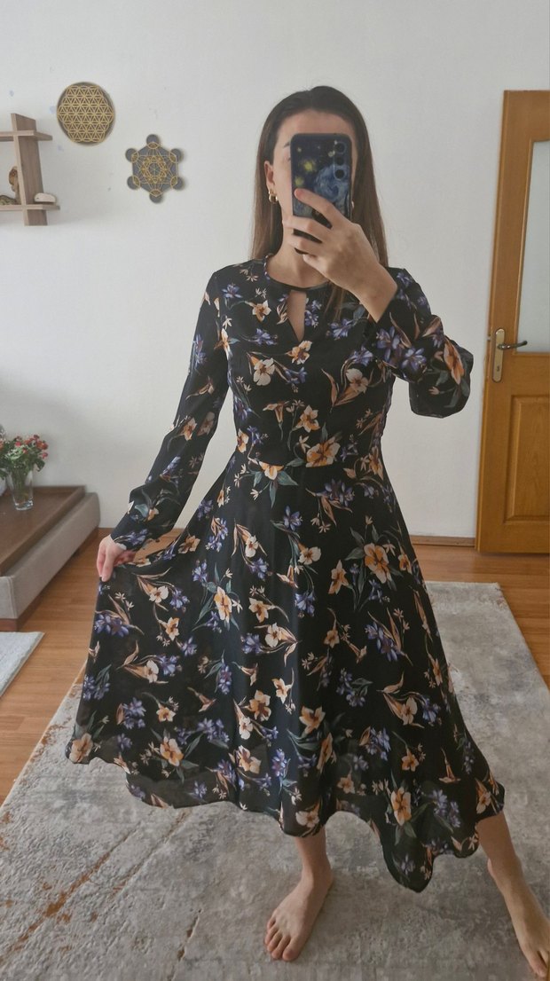 ADİL IŞIK Uzun Siyah Çiçekli Elbise - Görsel 3