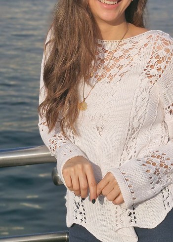 Dantel Detaylı Bohem Beyaz Kadın Kazak - Görsel 4