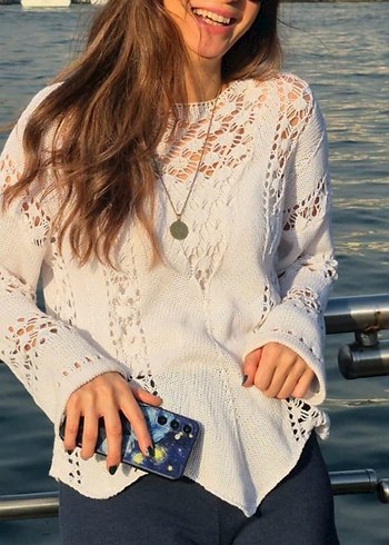 Dantel Detaylı Bohem Beyaz Kadın Kazak - Görsel 2