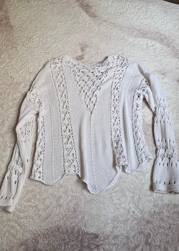 Dantel Detaylı Bohem Beyaz Kadın Kazak - Görsel 7