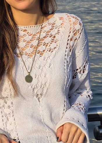 Dantel Detaylı Bohem Beyaz Kadın Kazak - Görsel 3