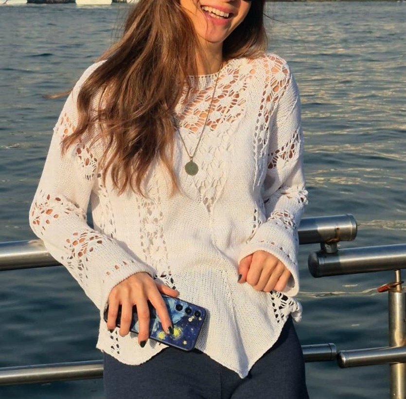 Dantel Detaylı Bohem Beyaz Kadın Kazak - Görsel 2