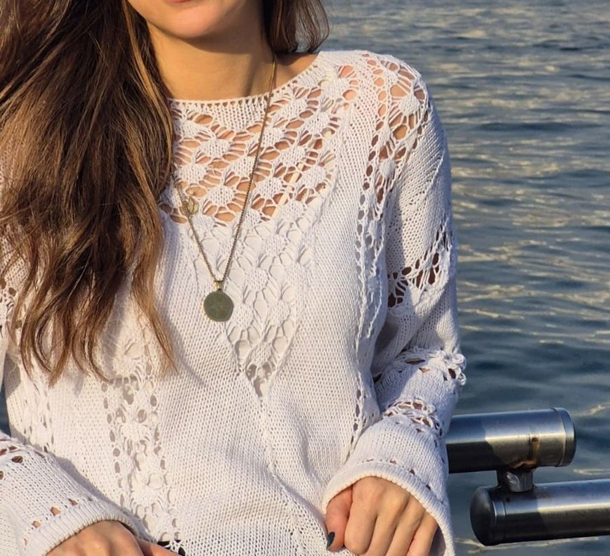 Dantel Detaylı Bohem Beyaz Kadın Kazak - Görsel 3