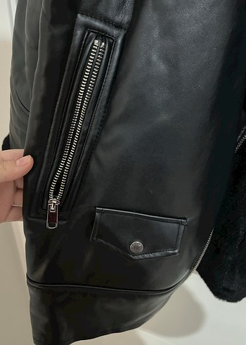 Kürk Detaylı Siyah Deri Biker Ceket - Görsel 2
