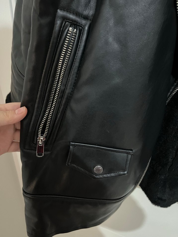 Kürk Detaylı Siyah Deri Biker Ceket - Görsel 2