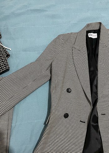 Düğmeli Gri Desenli Kadın Blazer Ceket ve pantolon - Görsel 5