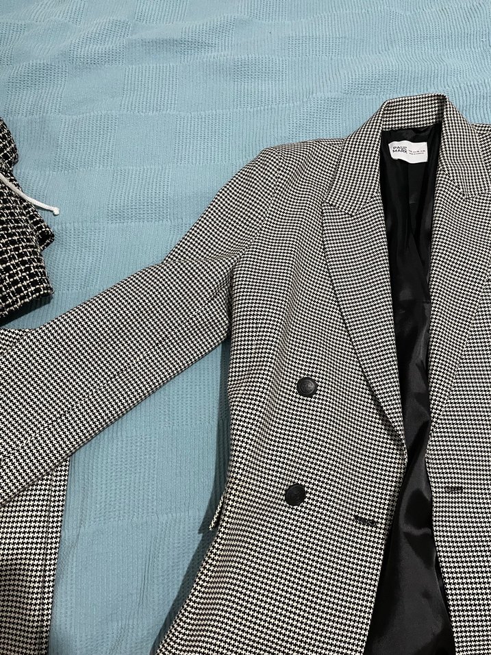 Düğmeli Gri Desenli Kadın Blazer Ceket ve pantolon - Görsel 5