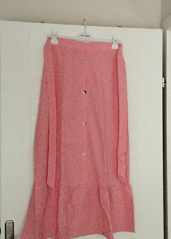 Düğmeli Pembe Uzun Keten Etek
