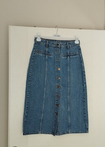 Düğmeli Mavi Midi Denim Kadın Etek