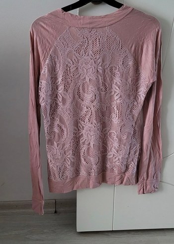 Diğer Pembe Dantel Detaylı Uzun Kollu Bluz