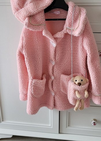 Ayıcık Çantalı, Ponpon Bere Peluş Pembe Kalın Ceket Üçlü Set - Görsel 7