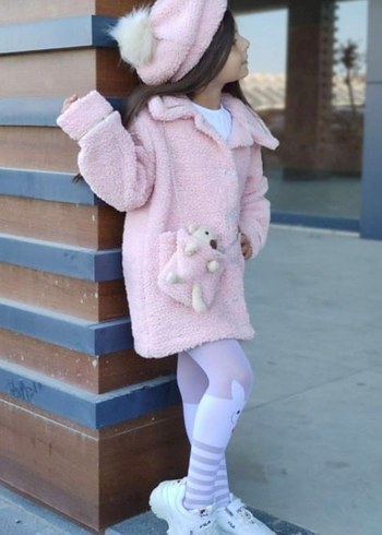 Ayıcık Çantalı, Ponpon Bere Peluş Pembe Kalın Ceket Üçlü Set - Görsel 8