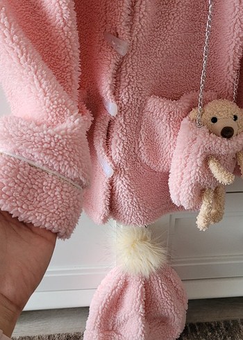 Ayıcık Çantalı, Ponpon Bere Peluş Pembe Kalın Ceket Üçlü Set - Görsel 4