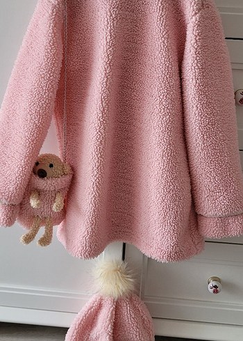 Ayıcık Çantalı, Ponpon Bere Peluş Pembe Kalın Ceket Üçlü Set - Görsel 6
