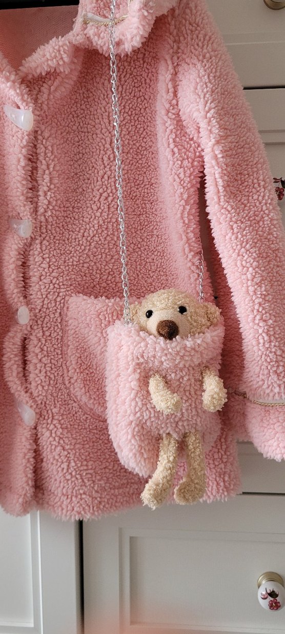 Ayıcık Çantalı, Ponpon Bere Peluş Pembe Kalın Ceket Üçlü Set - Görsel 3