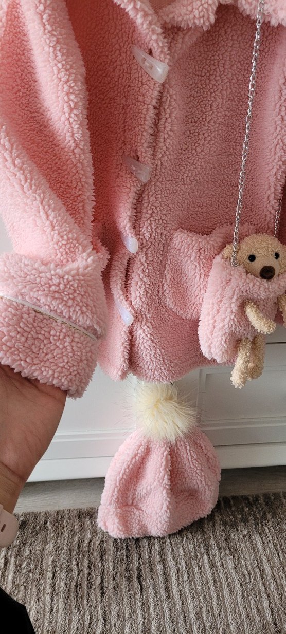 Ayıcık Çantalı, Ponpon Bere Peluş Pembe Kalın Ceket Üçlü Set - Görsel 4