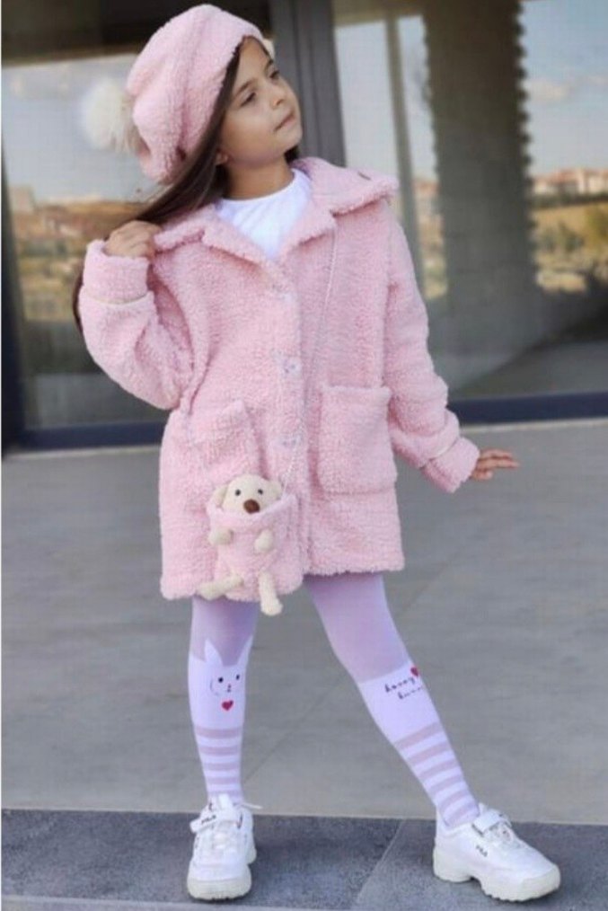 Ayıcık Çantalı, Ponpon Bere Peluş Pembe Kalın Ceket Üçlü Set - Görsel 2