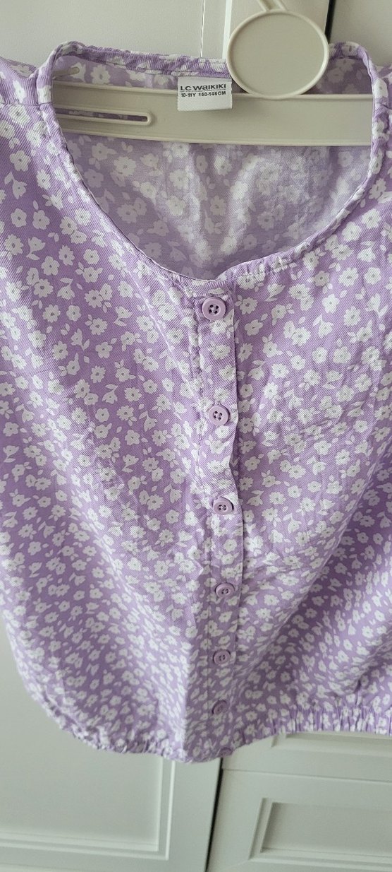 Mor Düğmeli Kısa Kollu Çiçekli Bluz - Görsel 2