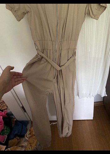 s Beden Kısa Kollu Bej Keten Mini Tulum