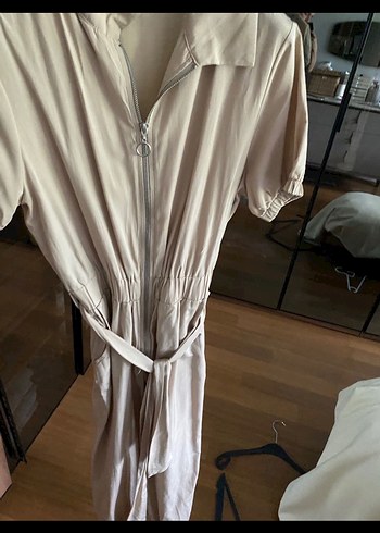 Diğer Kısa Kollu Bej Keten Mini Tulum