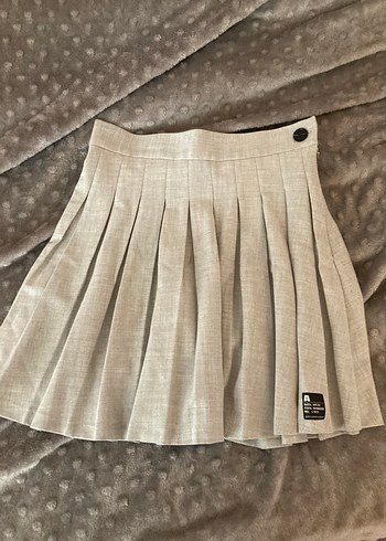 Bej Keten Pilili Midi Etek