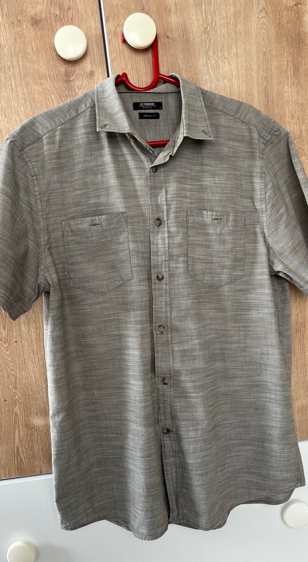 Sage/adaçayı yeşiline kaçan gri Keten Kısa Kollu Erkek Gömlek - Görsel 2