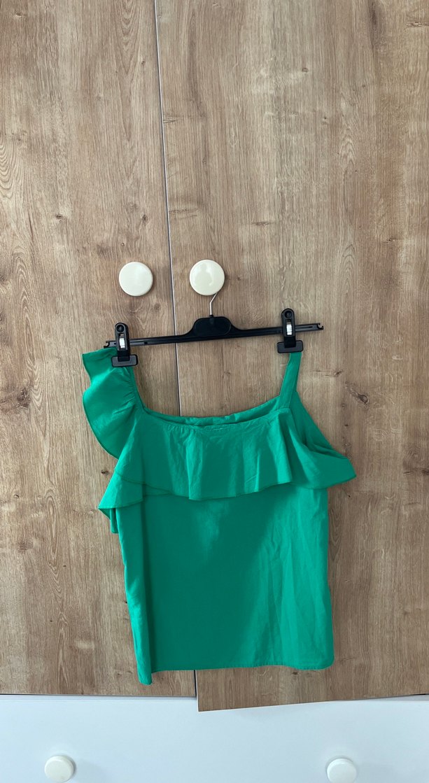 Yeşil Keten Volanlı Straplez Hamile Bluzu - Görsel 2