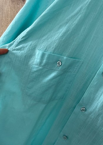 Turkuaz Kısa Kollu Keten Erkek Gömlek - Görsel 3