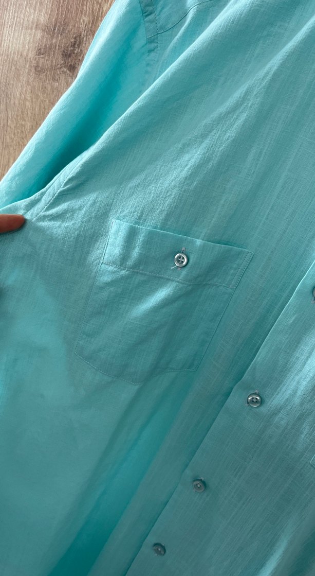 Turkuaz Kısa Kollu Keten Erkek Gömlek - Görsel 3