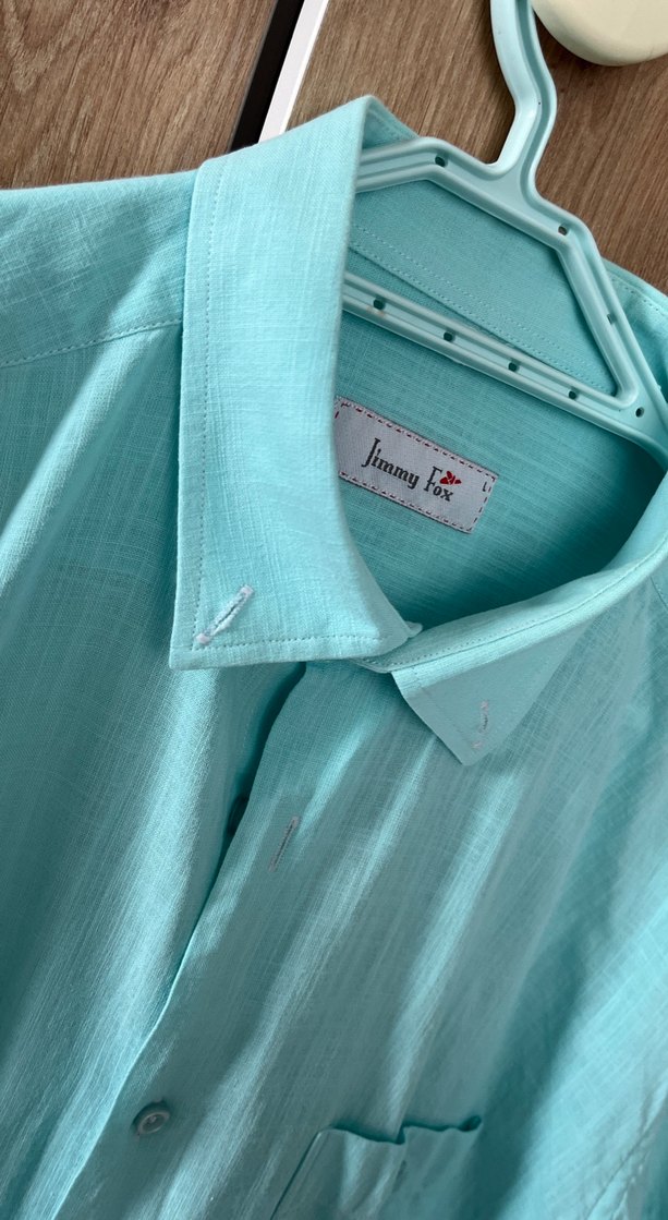 Turkuaz Kısa Kollu Keten Erkek Gömlek - Görsel 2