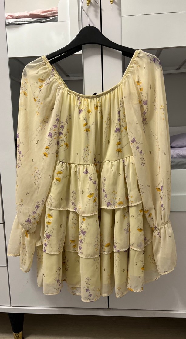 Sarı Çiçekli Straplez Kat Kat Mini Elbise - Görsel 3