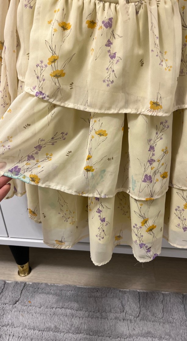 Sarı Çiçekli Straplez Kat Kat Mini Elbise - Görsel 2