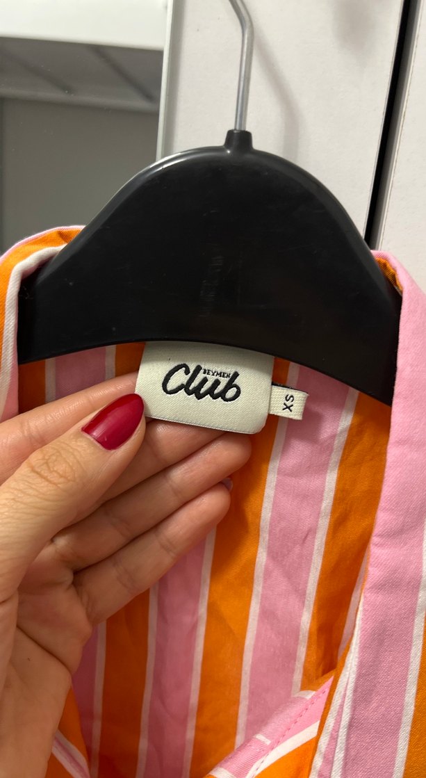 Kadın Pembe Çizgili Kısa Kollu Gömlek - Görsel 2