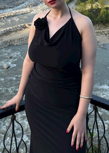 Siyah V Yaka Uzun Drapeli Kadın Elbise - Görsel 3