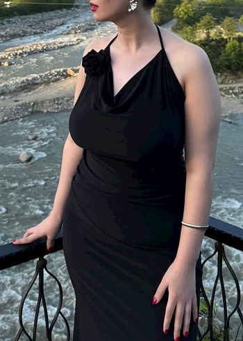 Siyah V Yaka Uzun Drapeli Kadın Elbise - Görsel 2