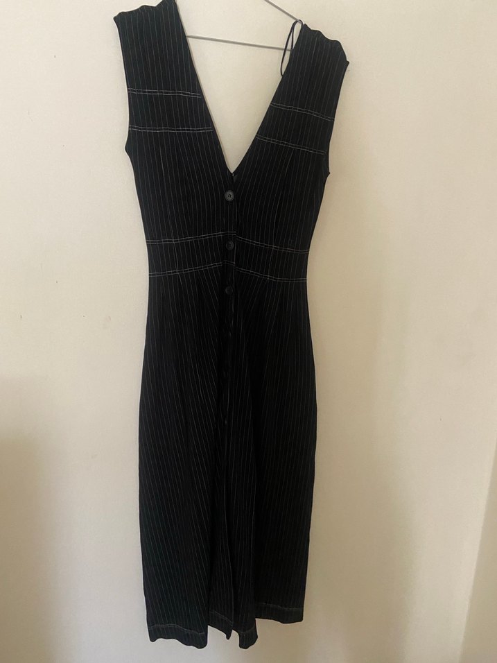 V Yaka Kolsuz Çizgili Uzun Elbise - Görsel 2