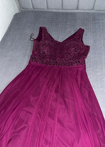 Bordo Dantel İşlemeli Uzun Abiye Elbise - Görsel 2