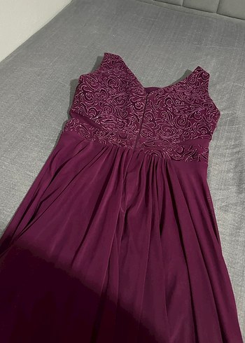 Bordo Dantel İşlemeli Uzun Abiye Elbise - Görsel 6