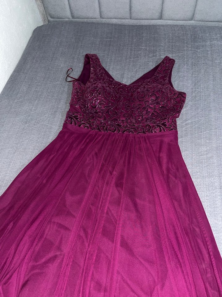 Bordo Dantel İşlemeli Uzun Abiye Elbise - Görsel 2