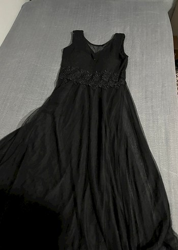 Dantel Detaylı Siyah Uzun V Yaka Abiye Elbise - Görsel 7