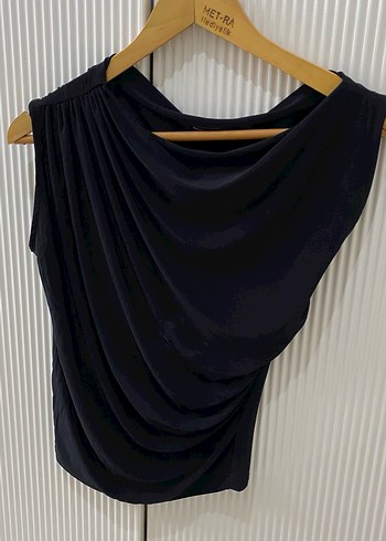 Drapeli Siyah Kolsuz Yüksek Yaka Bluz - Görsel 2