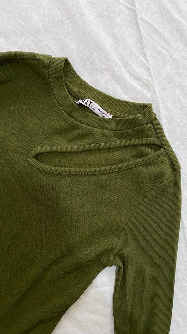 Uzun Kollu Haki Kadın Basic triko - Görsel 3